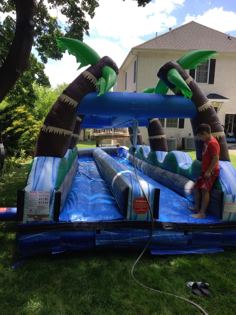 tropical marble dual lane inflatable water slide & slip n slide combo with blower